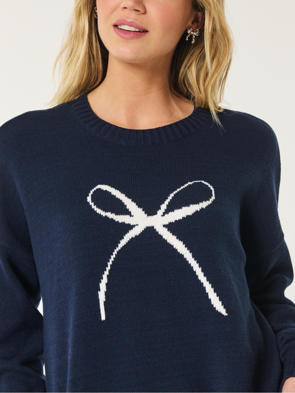 Hollister Navy Crewneck Sweater with White Bow